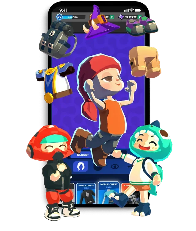 Avatar outfits and accessories floating around a phone