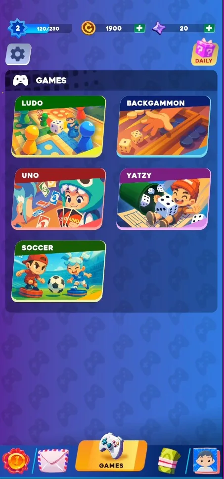 The Chilex games lobby with Ludo, Backgammon, UNO, Yatzy and Soccer
